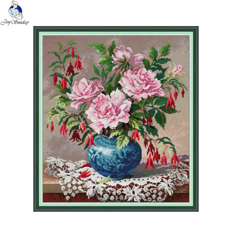 Joy Sunday Roses and Fuchsia Printed Canvas Cross Stitch DIY Embroidery Full Kit DMC Threads Craft Needlework Handiwork Sewing