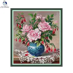 Joy Sunday Roses and Fuchsia Printed Canvas Cross Stitch DIY Embroidery Full Kit DMC Threads Craft Needlework Handiwork Sewing