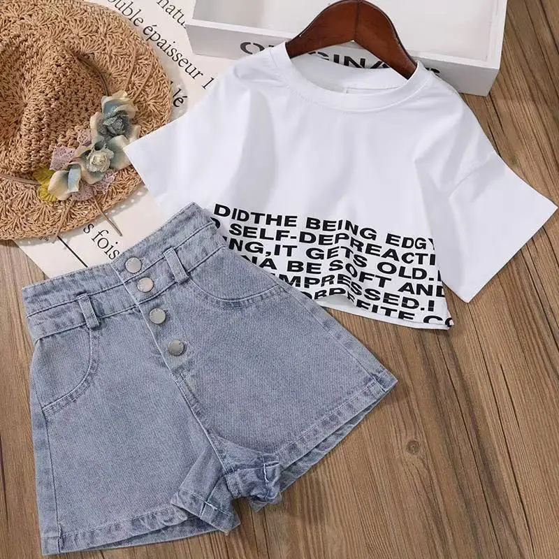

2025 New Summer Kids Girls Clothes Set Teen Girl Crop Tops T-shirt + Denim shorts 2pcs Girl Outfits Baby Girls Clothing 4-12Year