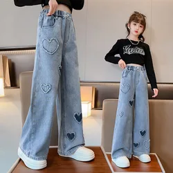 New Fashion Teenager Girls Denim Wide Leg Pants Children Trousers Spring Autumn Love Pattern Girls Jeans 5-14 Years Kids Clothes