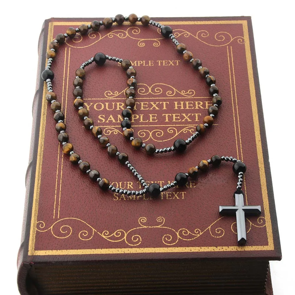 الحجر الطبيعي أفريقيا الفيروز وخرز عين النمر الصليب قلادة قلادة مسبحة للرجال والنساء #6