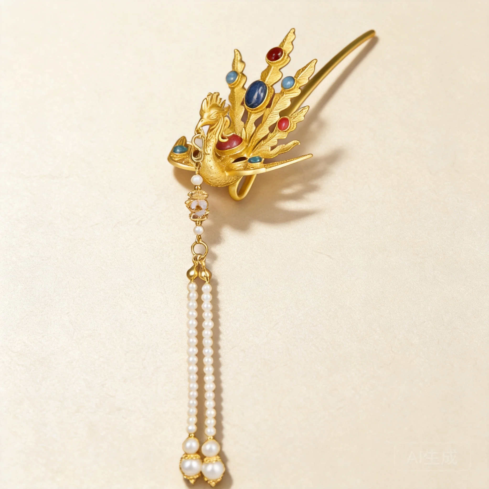 Chinese Traditional Auspicious Phoenix Hair Stick Golden Faux Pearl Tassel Inlaid Colored Gemstones Vintage Hanfu Hair Accessory
