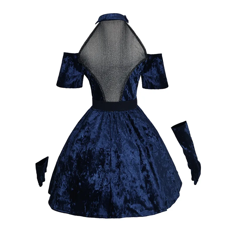 أنيمي ميزي تأثيري الغريبة المرحلة زي شعر مستعار أزرق داكن فستان وردي أزرق قفاز تخزين حزام مجموعة موحدة هالوين زي للمرأة