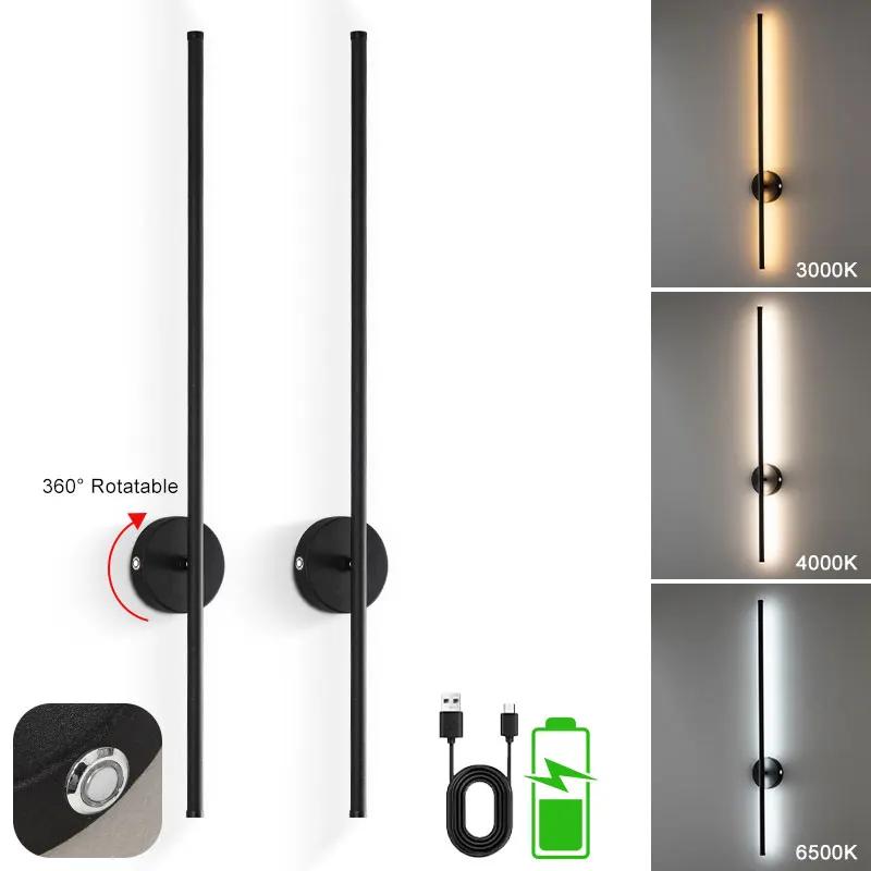Wireless Rechargeable Battery LED Wall Lamps with Remote Control 3CCT 360° Rotatable Touch Switch Dimmable LED Wall Lights Black