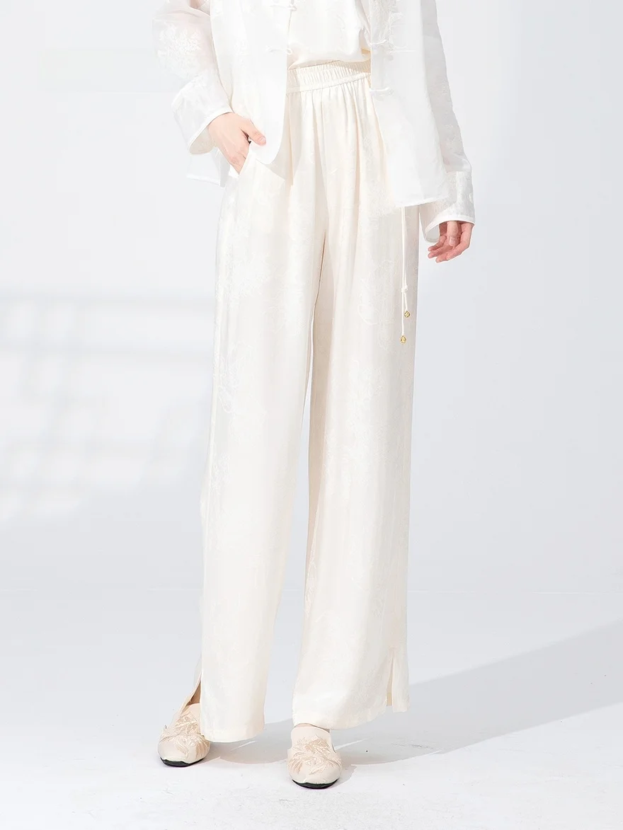 

Dailanzhi Summer New Heavy Texture Sensing Silk Embroidery Straight Casual Women's Pants Wide Leg Pants High Waist Long Pants