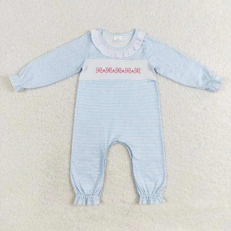 X9.29 Winter Girls Romper Wholesale Embroidered Bow Pattern Blue Striped Long Sleeve Bodysuit