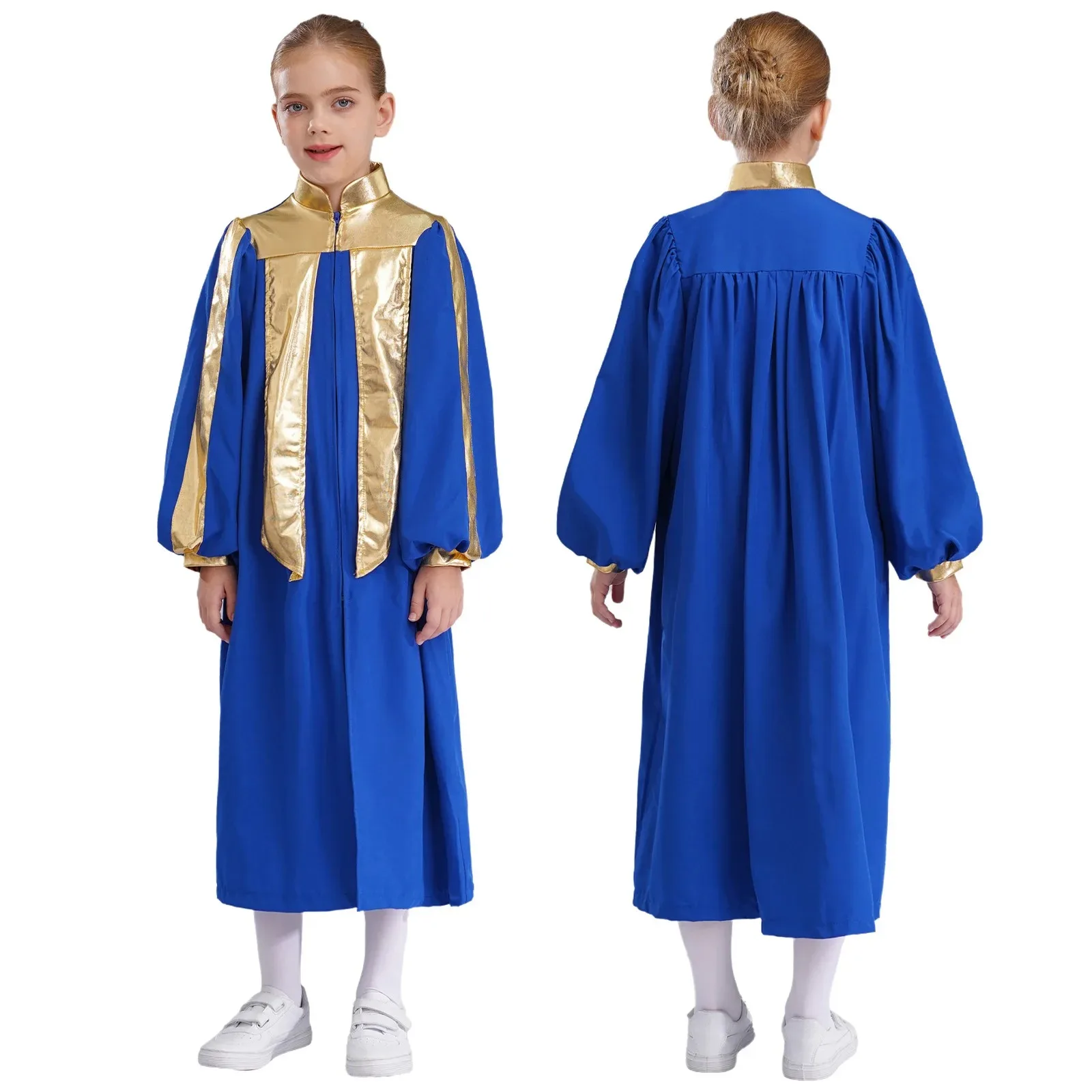 

New Kids Girls Graduation Gown Halloween Cosplay Costume Church Dancewear Long Sleeve Color Block Stand Collar Zipper Choir Robe