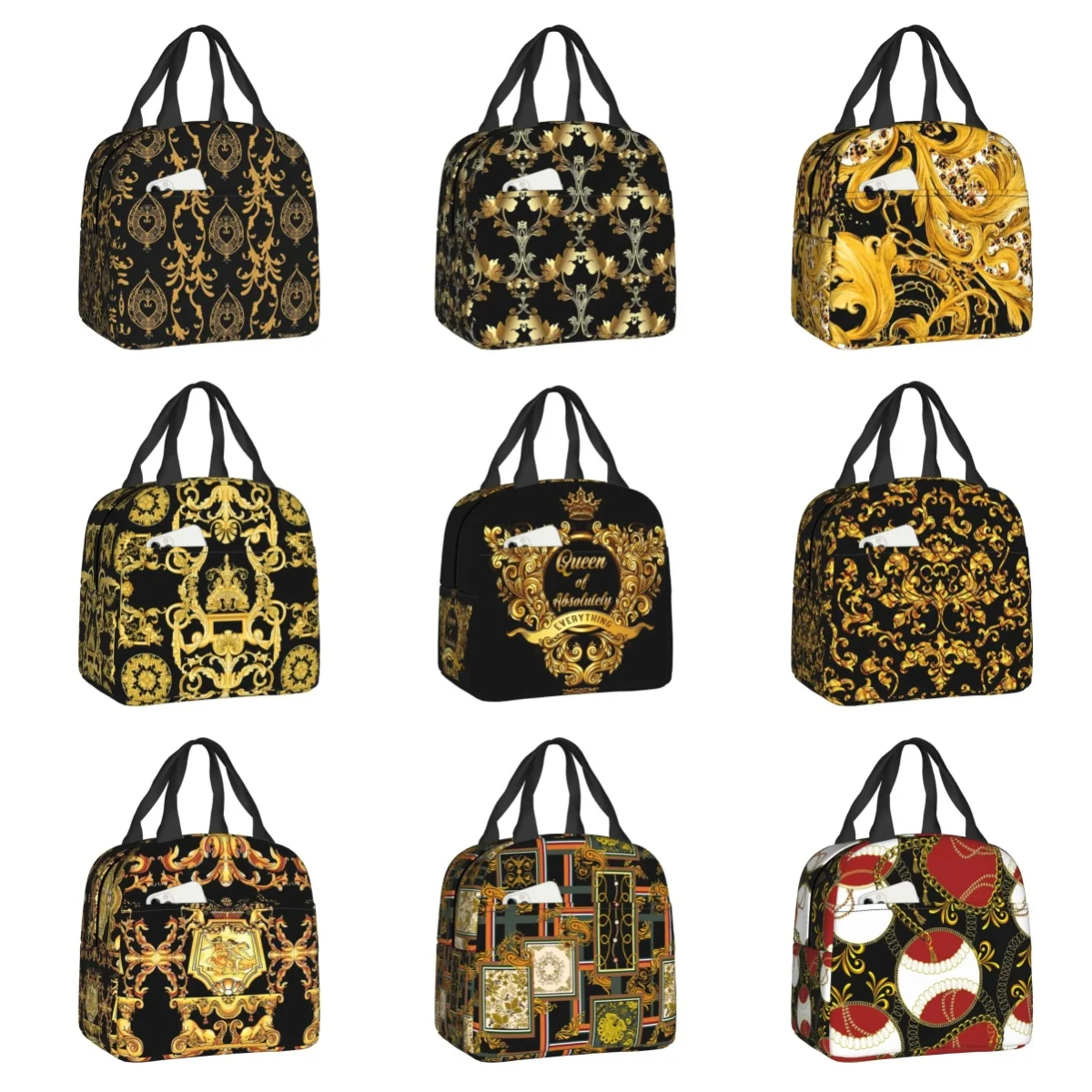 Queen Of Absolutely Gold Floral Baroque Lunch Box for Women Cooler Thermal Food Insulated Lunch Bag Kids School Children