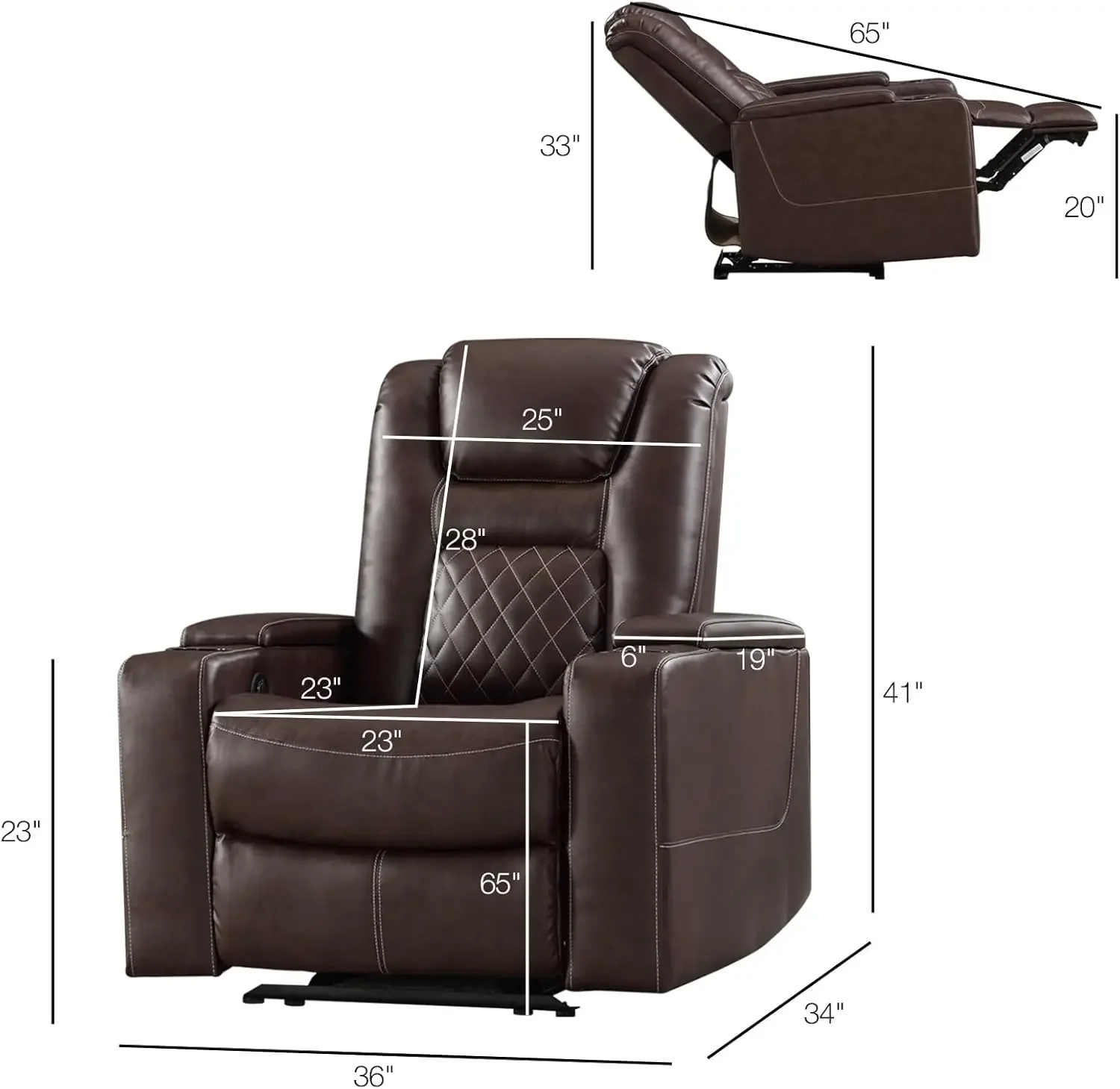 Electric Power Recliner Chair with USB Ports and Cup Holders, Breathable Leather Home Theater Seating with Hidden Arm Storage (R