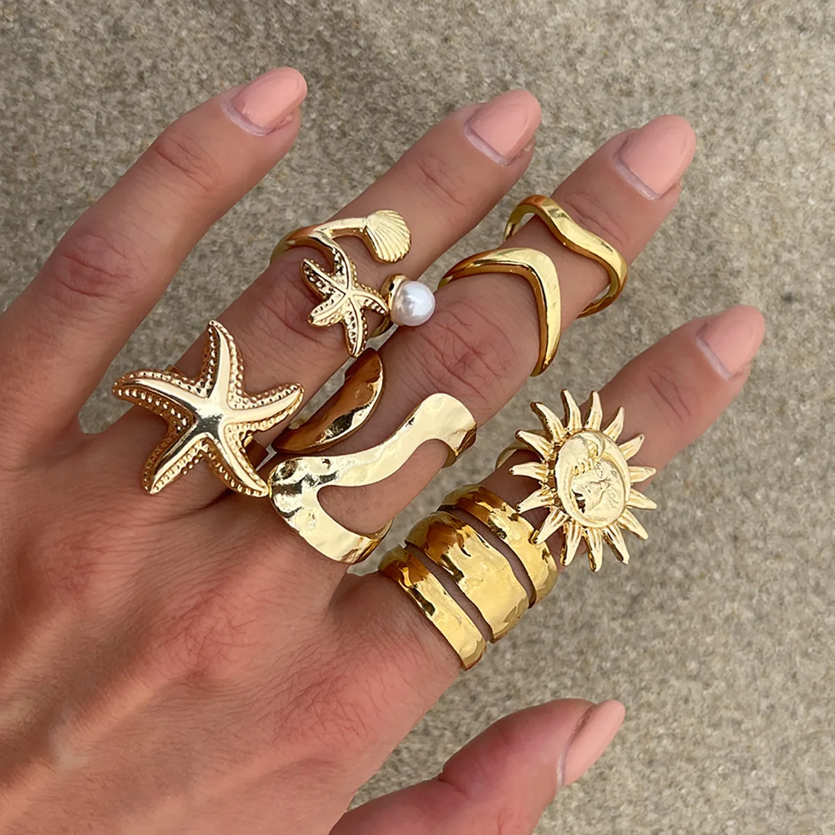 6Pcs/Set Gold Color Starfish Smooth Geometric Open Rings Set For Women Exaggerated Metal Irregular Thick Chunky Ring Jewelry