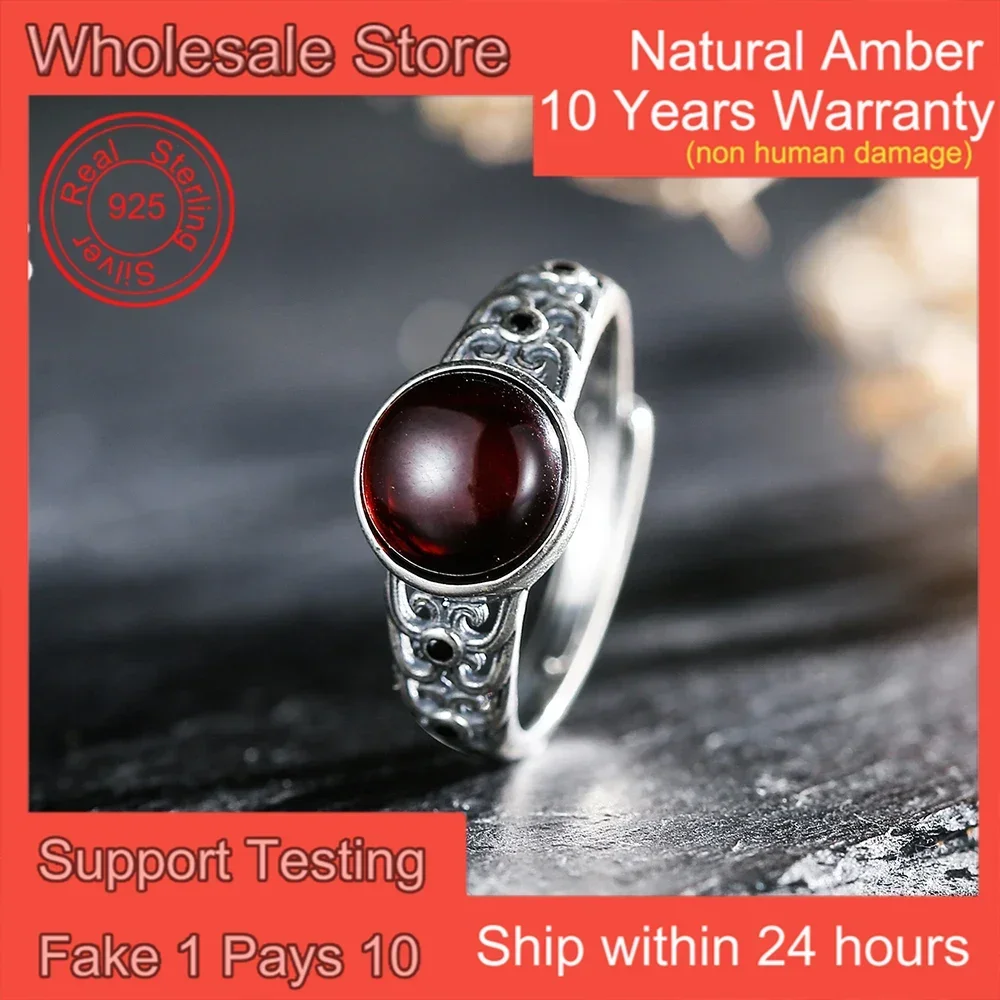 

Sterling 925 Silver Ring 8mm Natural Amber Vintage Adjustable Bands Exuqisite Floral Design Handmade Bohemian Jewelry Gift