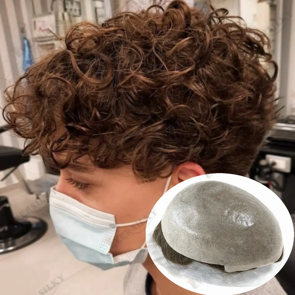 

Curly Men Wigs 0.06mm Thin Base Men Toupee Human Hair System V-loop Natutal Hairline 20mm Hairpieces Men's Capillary Prothesis