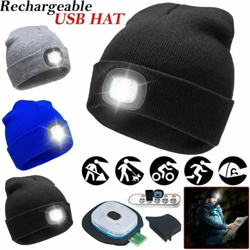 Led Light Knitted Hat Warm Elastic Beanie Autumn Winter Outdoor Sports Night Hiking Fishing Camping Glow Bonnet Unisex Headlight