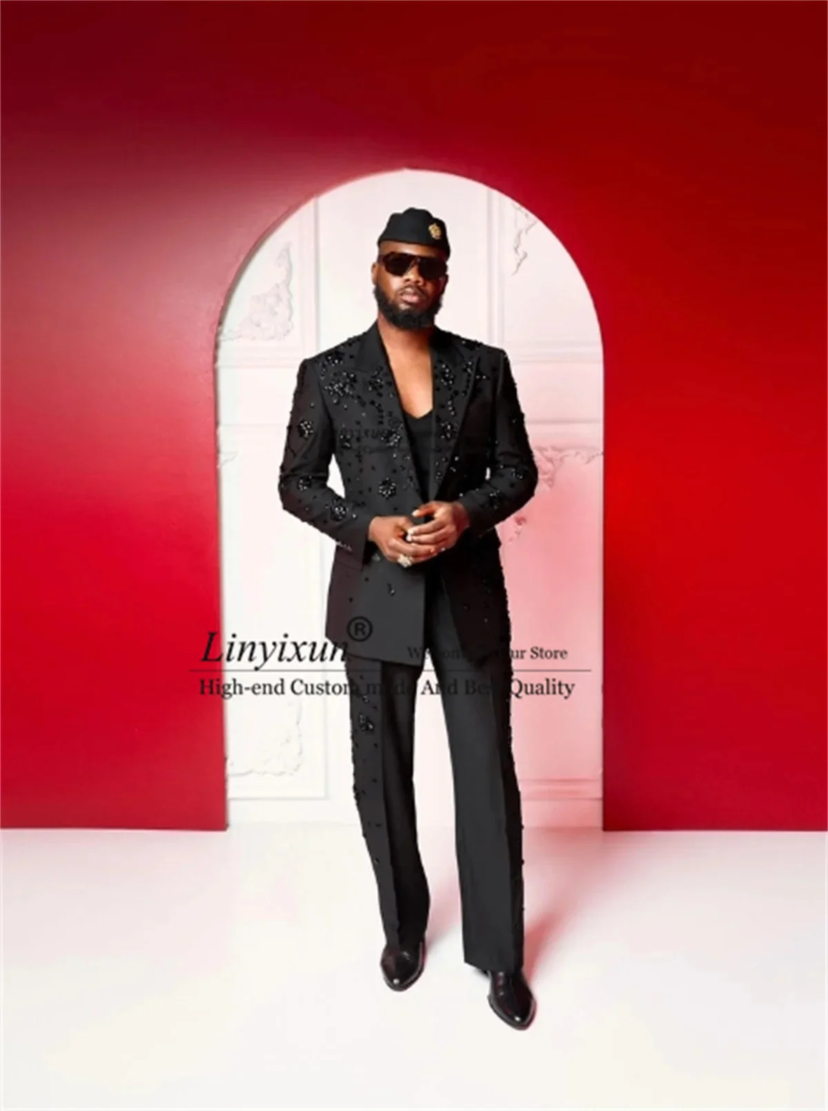 

Luxury Beaded Crystals Men Suits Double Breasted Groom Wedding Tuxedos 2 Pieces Sets Customized Male Prom Blazers Ropa Hombre