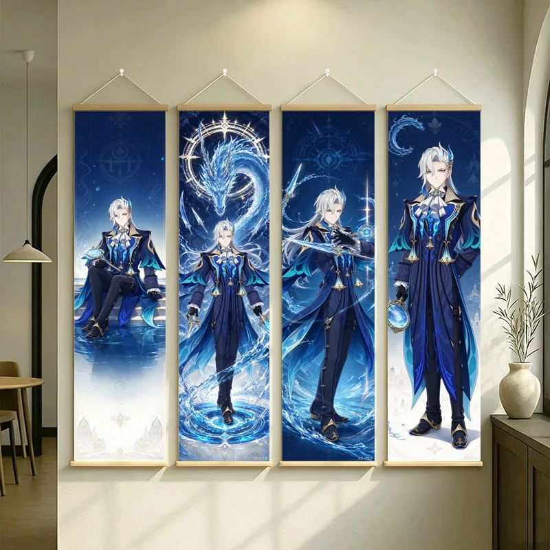 Hanging Scroll Wall Art of Genshin Impact Neuvillette with Blue Water Motifs on Silver Shimmer Canvas for an Anime Bedroom