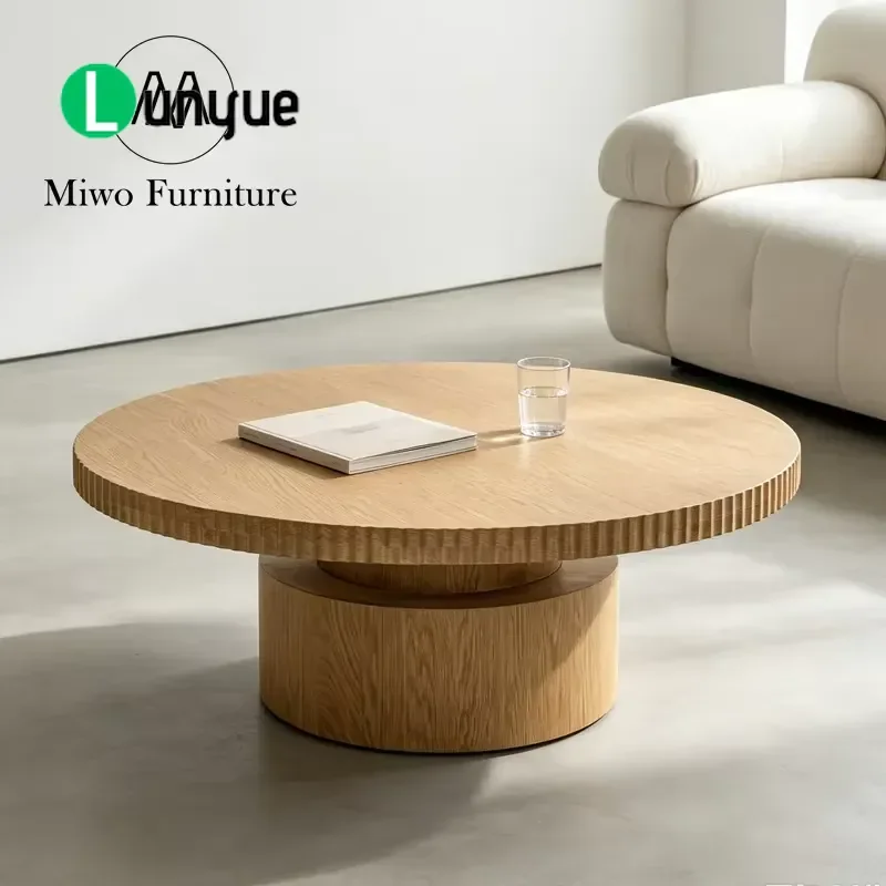 Modern Round Oak Coffee Table Solid Wood Center Table with Groove Trim Cylindrical Base for Living Room Furniture Decor