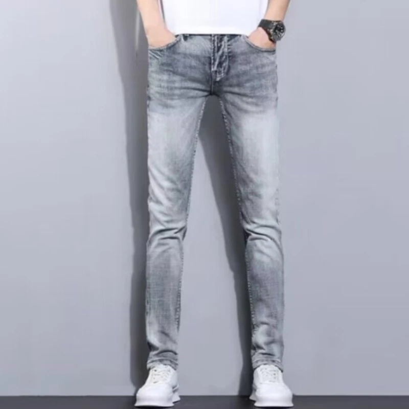 Men's Slim Fit Stretch Jeans Smoke Gray Plus Size Summer Lightweight Casual Pants New Autumn