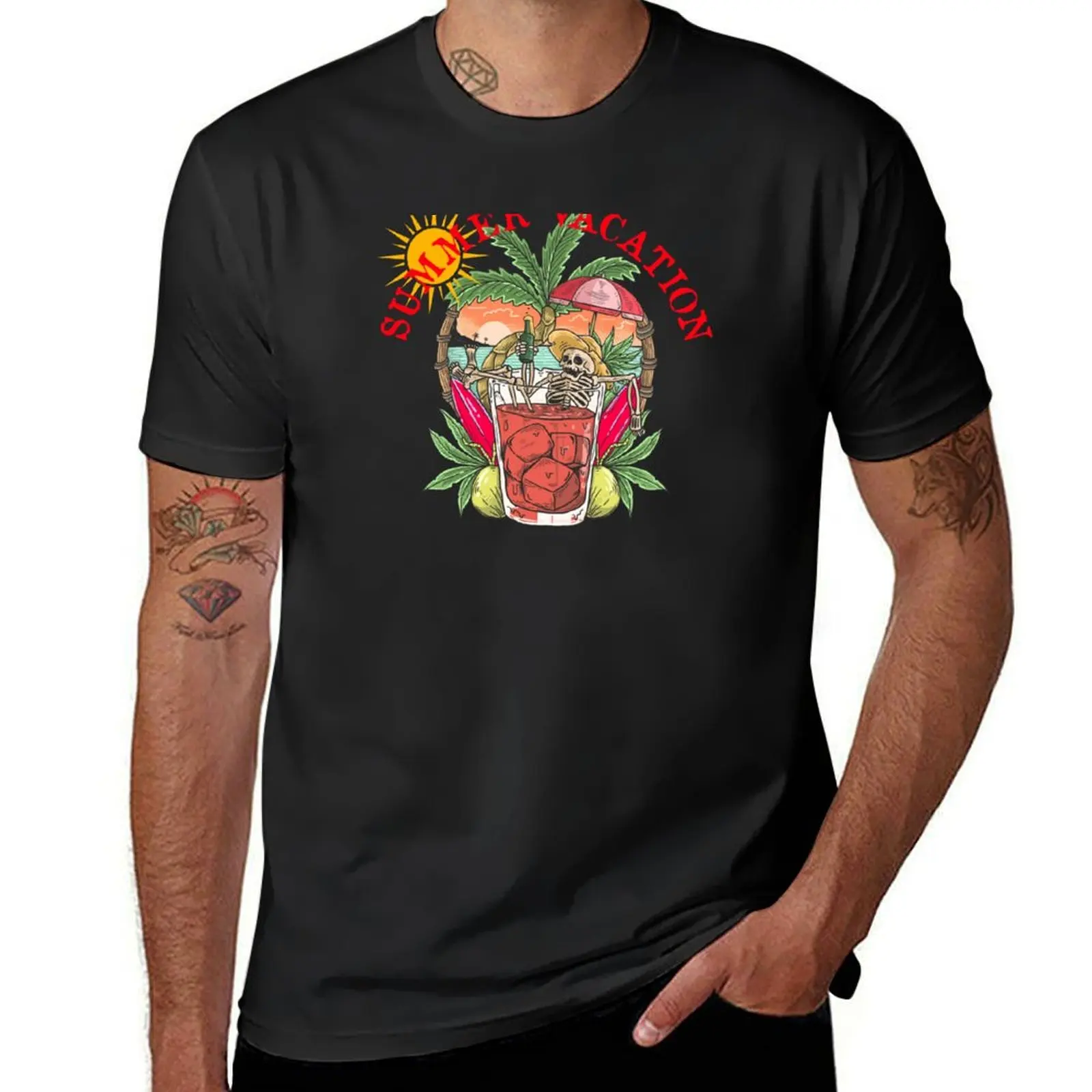 Skeleton on the beach under palm trees enjoying summer vacation T-Shirt shirts graphic tees korean fashion mens tall t shirts