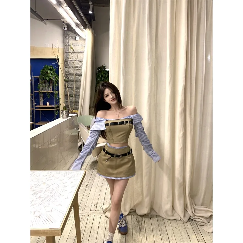 

Korean Fashion Outfits Slash Neck Striped Patchwork Pleated Slim Crop Top +Y2k Aesthetic Elegant Sexy Belt Shorts Two Pieces Set