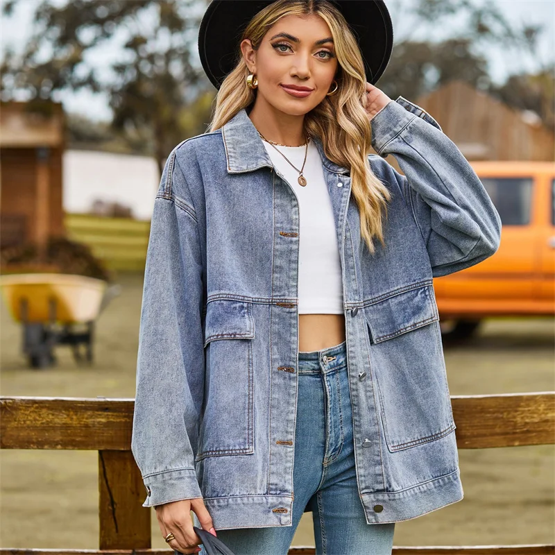 

2023 Loose Denim Jacket Women Jeans Coat Spring Autumn Retro Washed Streetwear Top Long Sleeved Single Breasted Casual Outerwear