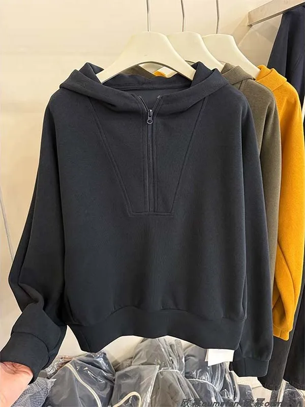 Fall 2025 Women's Casual Faionable Hooded Semi-Zip Long Sve T-irt Base Layer Versatile Sweatirt Top Korean Sle