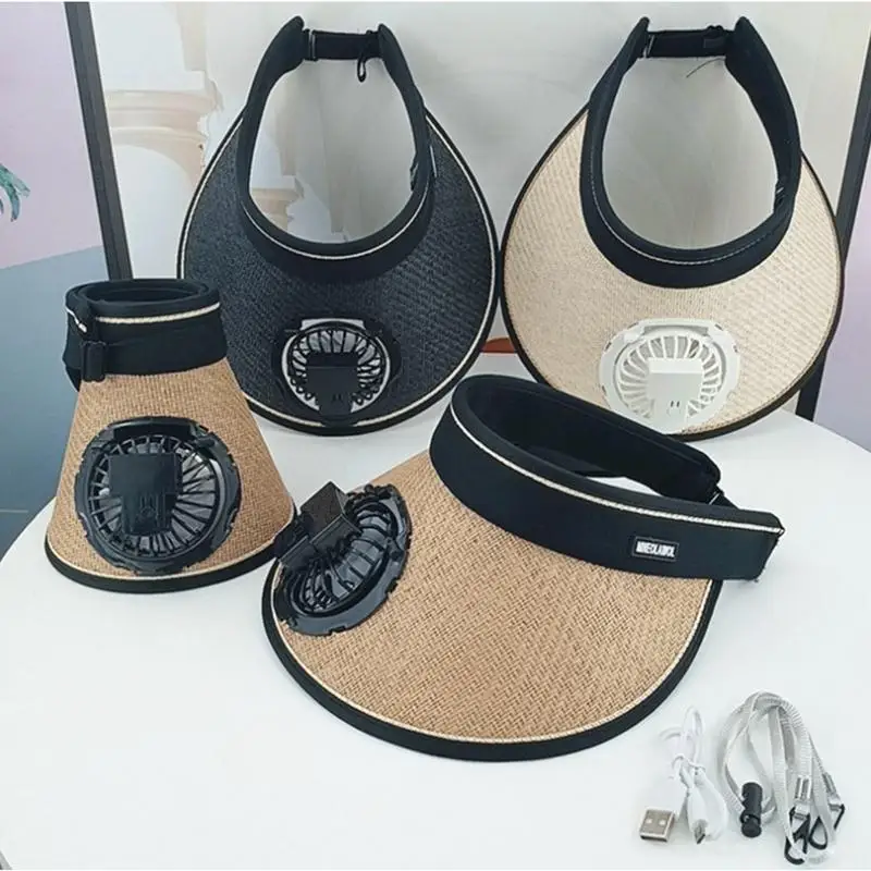 USB Charging with Fan Hat Hollow Top Hat USB Charging Sunscreen Breathable Cooling Fan Hat Large Brim Sunscreen Cap UV