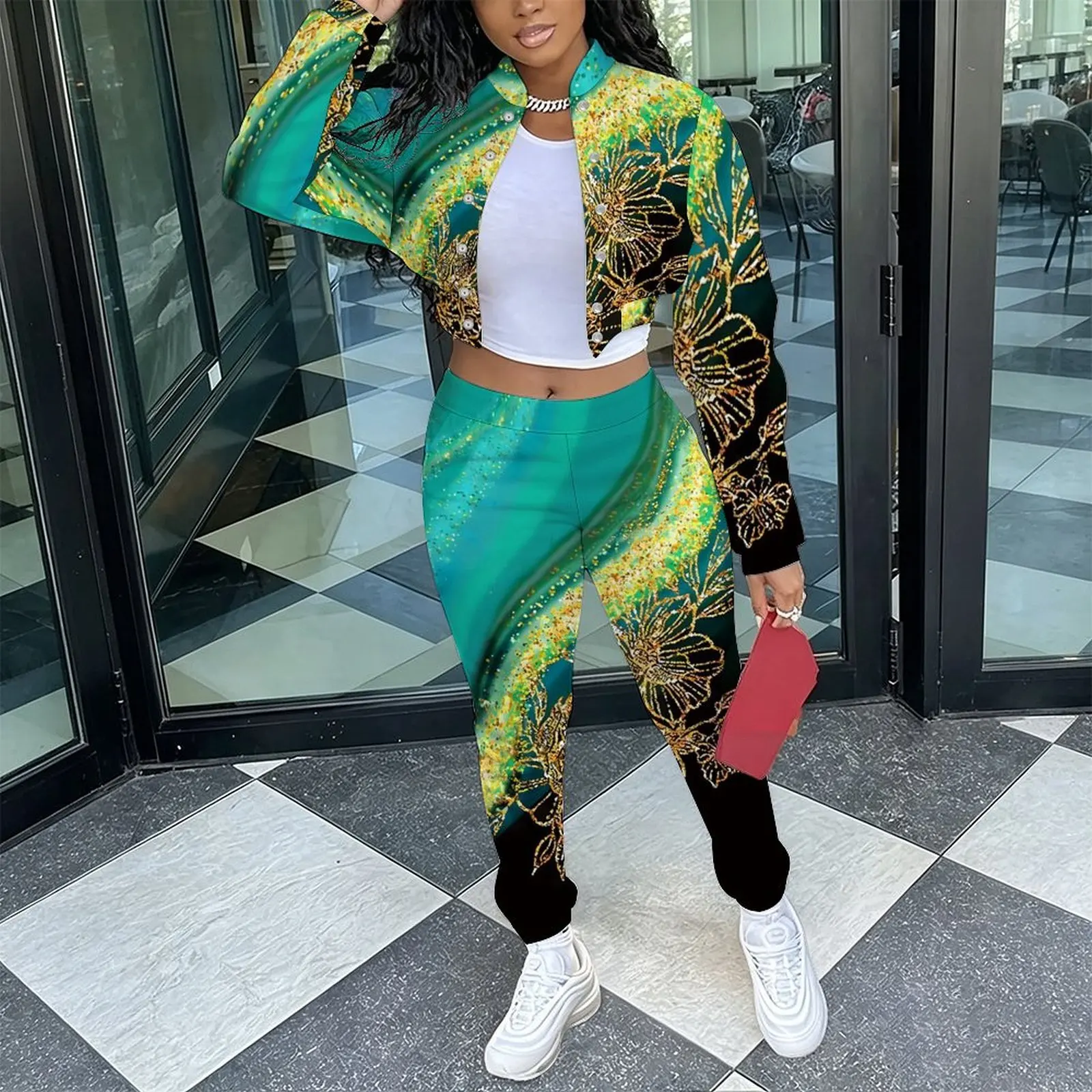 Women's Retro Fashion 2 Piece  Elegant Stand Collar Long Sleeve Jacket Casual Everyday Commuting Sport Pants