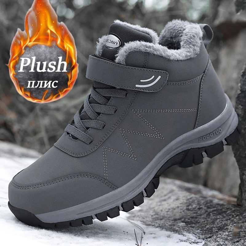 2023 Winter Women Men Boots Plush Pu Leather Waterproof Sneakers Climbing Hunting Shoes Unisex Lace-up Outdoor Warm Hiking Boot