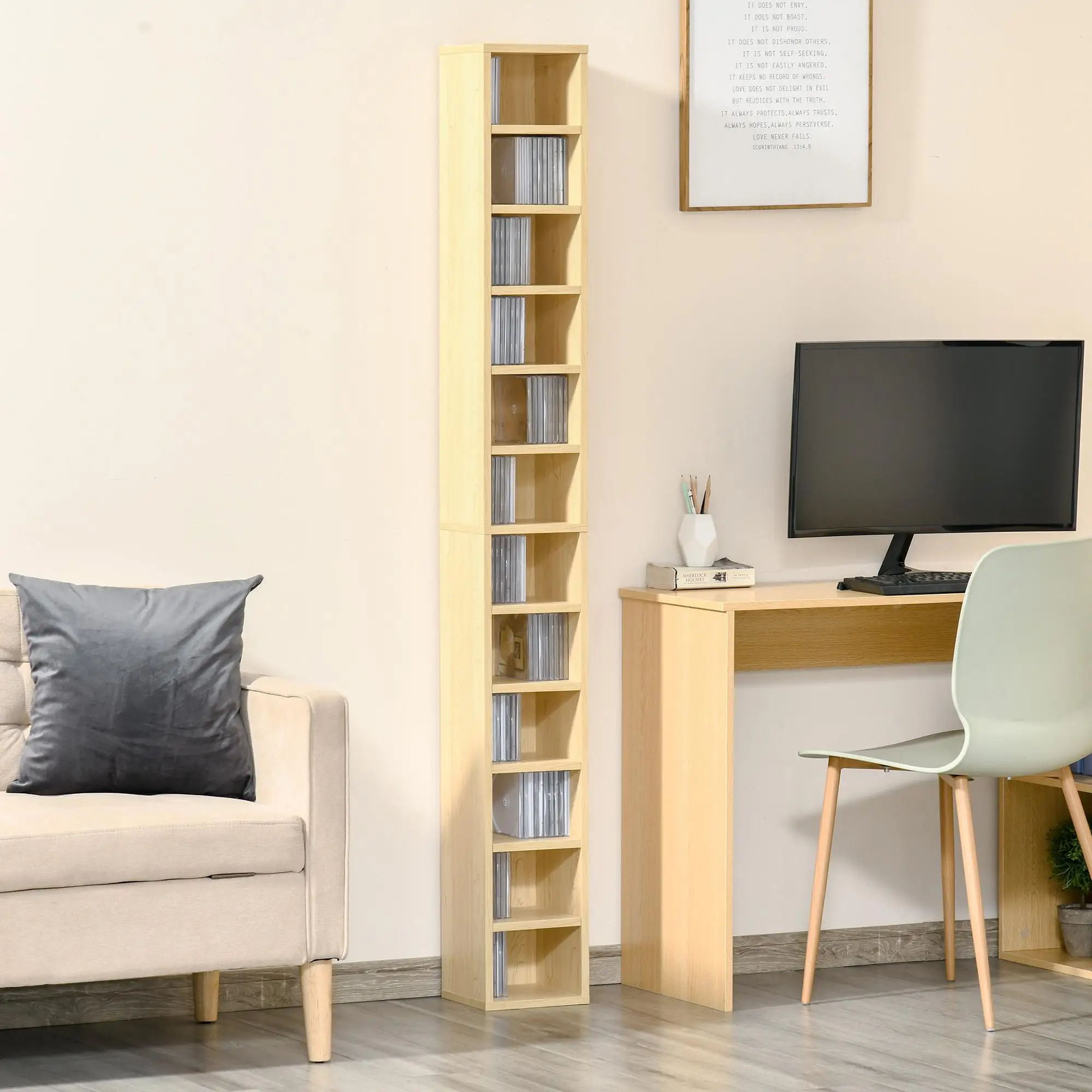 Rangements pour CD et DVD, étagère colonne de rangement, meuble de rangement avec 12 compartiments, capacité max. 204 CD, 21 x 20 x 175 cm, bois naturel