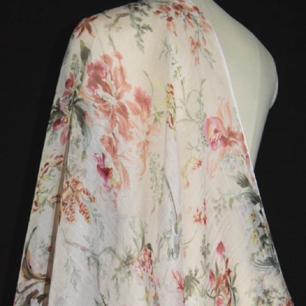 Newest Floral Bird Nice Printed 100% Pure Silk Crinkle Chiffon Georgette Fabric for Lady Summer Elegant Dress Kimono view 6