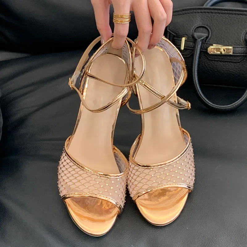

Eilyken Gold Silver Buckle Strap Women Sandals Design Style Crystal Breathable Mesh Thin High Heels Striptease Shoes