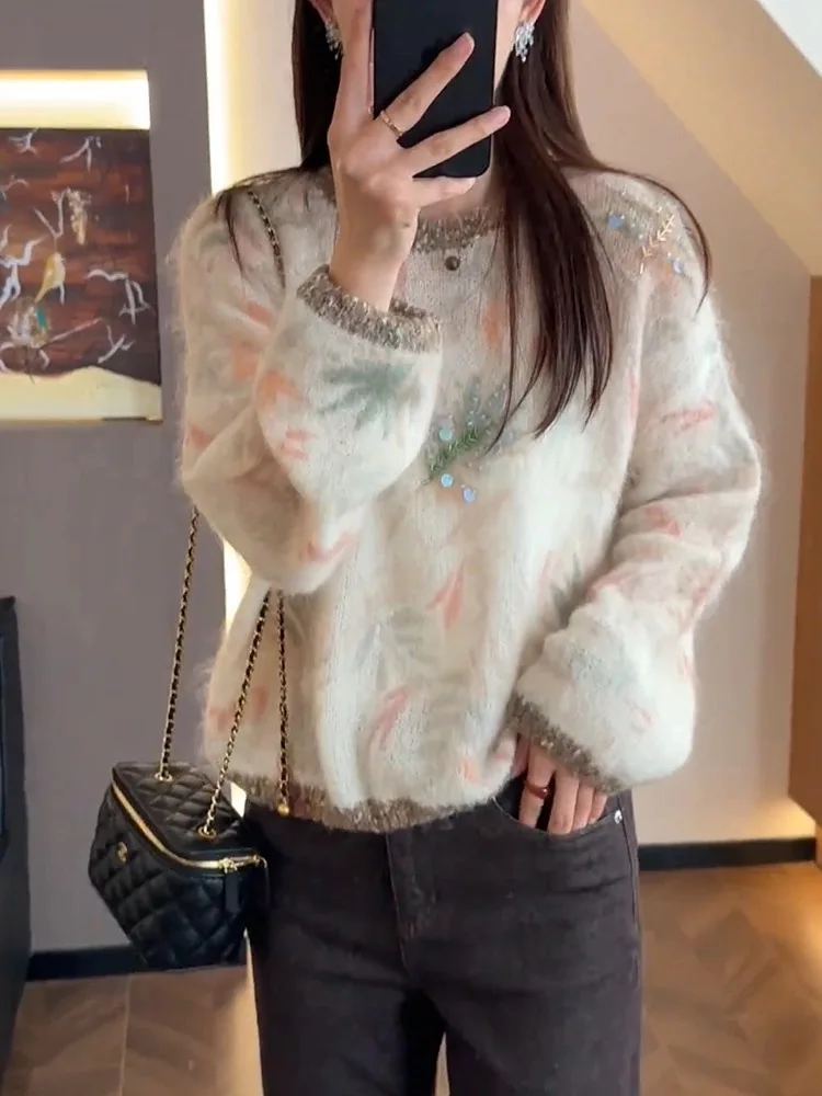 เสื้อไหมพรมกลิตเตอร์แฟชั่นสำหรับผู้หญิง ทรงหลวม แขนยาว คอทรงกลม ผ้าโมแฮร์ พิมพ์ลายนุ่ม สไตล์ฤดูใบไม้ร่วง รุ่น F100