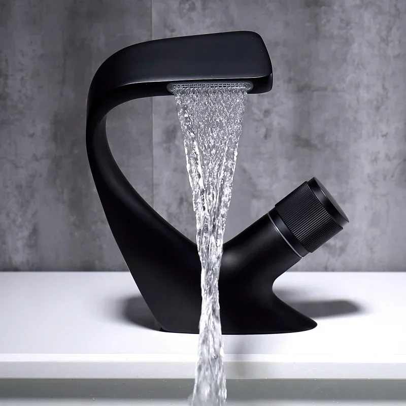 Matte Black Basin Faucet Waterfall Bathroom Sink Mixer Single Handle Tap for Hot and Cold Water Sleek Modern Design