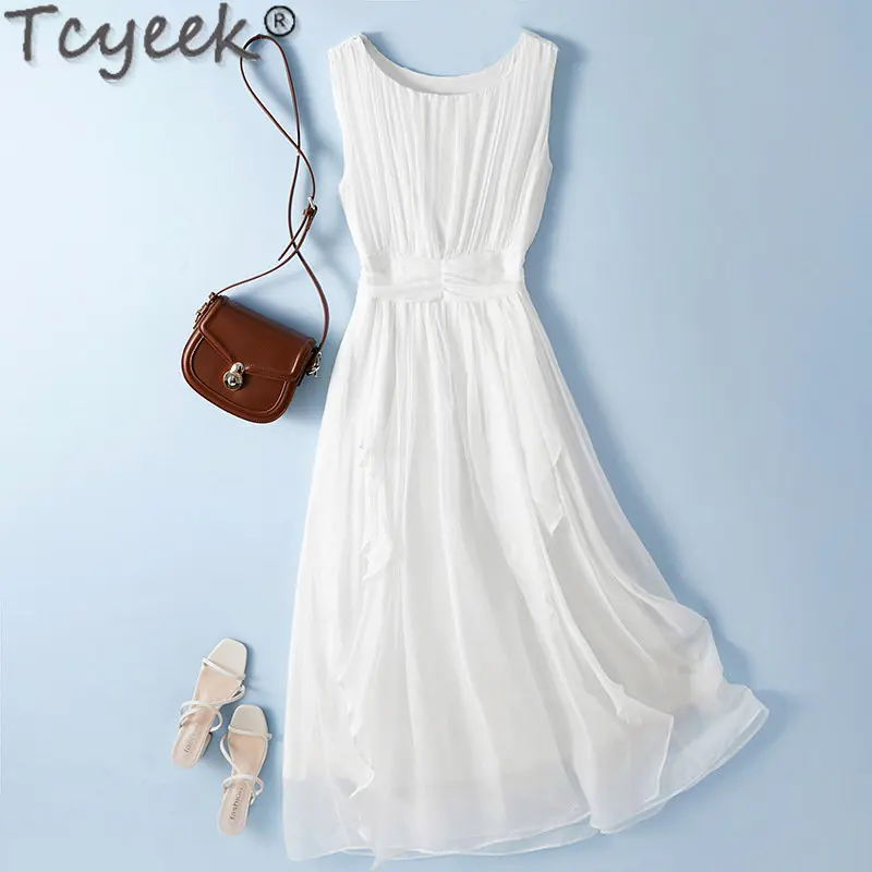 Tcyeek 100% Mulberry Silk Dresses Women 2023 Summer Elegant Pure White Dress for Woman Sleeveless Beach Dress Vestido De Mujer