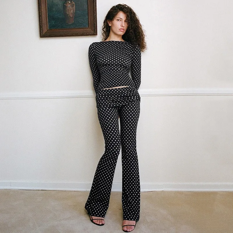 

Vintage Polka Dot Trouser Two-Piece Set Women Chic Bootcut Pants Stretch Slim-Fit Printed Top 2025 Basic Leisure Set