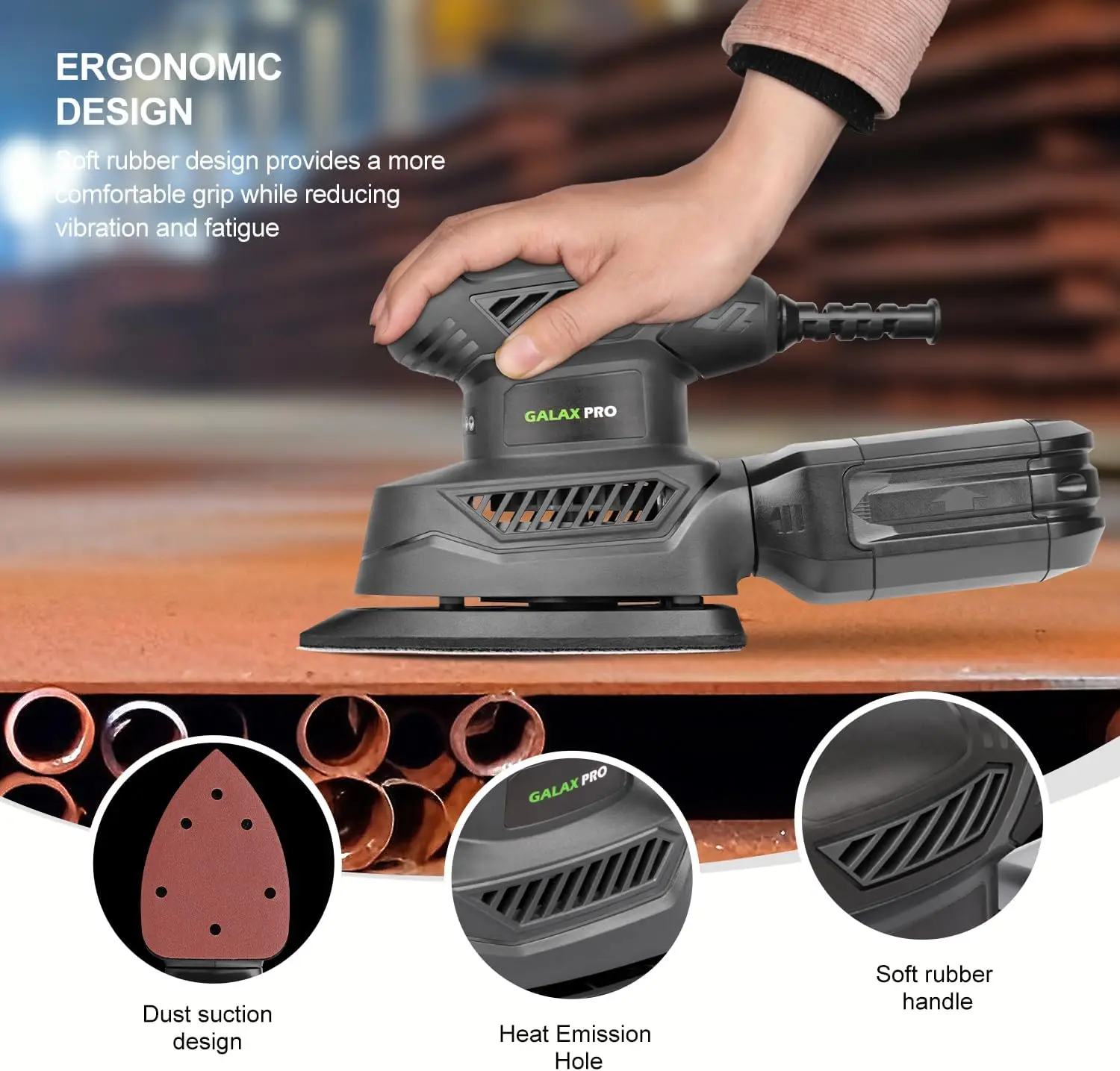 Detail Sander, 1.1A Powerful Motor, 13000 OPM Compact Electric Sander with 20Pcs Sandpapers and Dust box, Soft Grip Ha