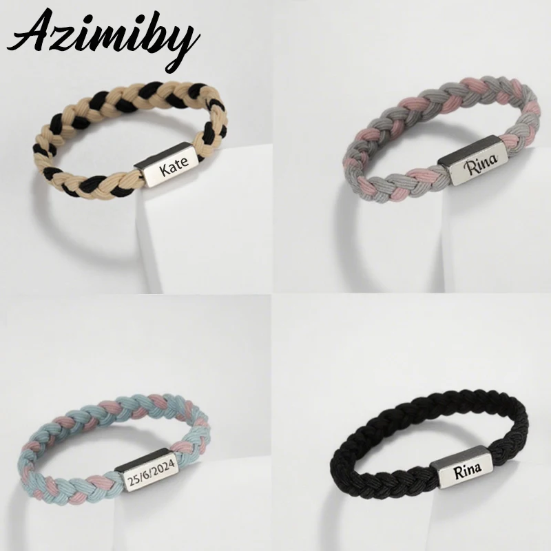 

Azimiby Stainless Steel Smooth Carving Name Symbol Elastic Bracelet Personalized Color Braided Rope Bracelet Family Jewelry Gift