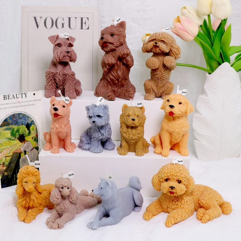 11 estilos de vela de perro molde de silicona 3D Schnauzer cachorro molde de resina de yeso decoración del hogar DIY oso de peluche perro herramientas de pegamento por goteo hechas a mano