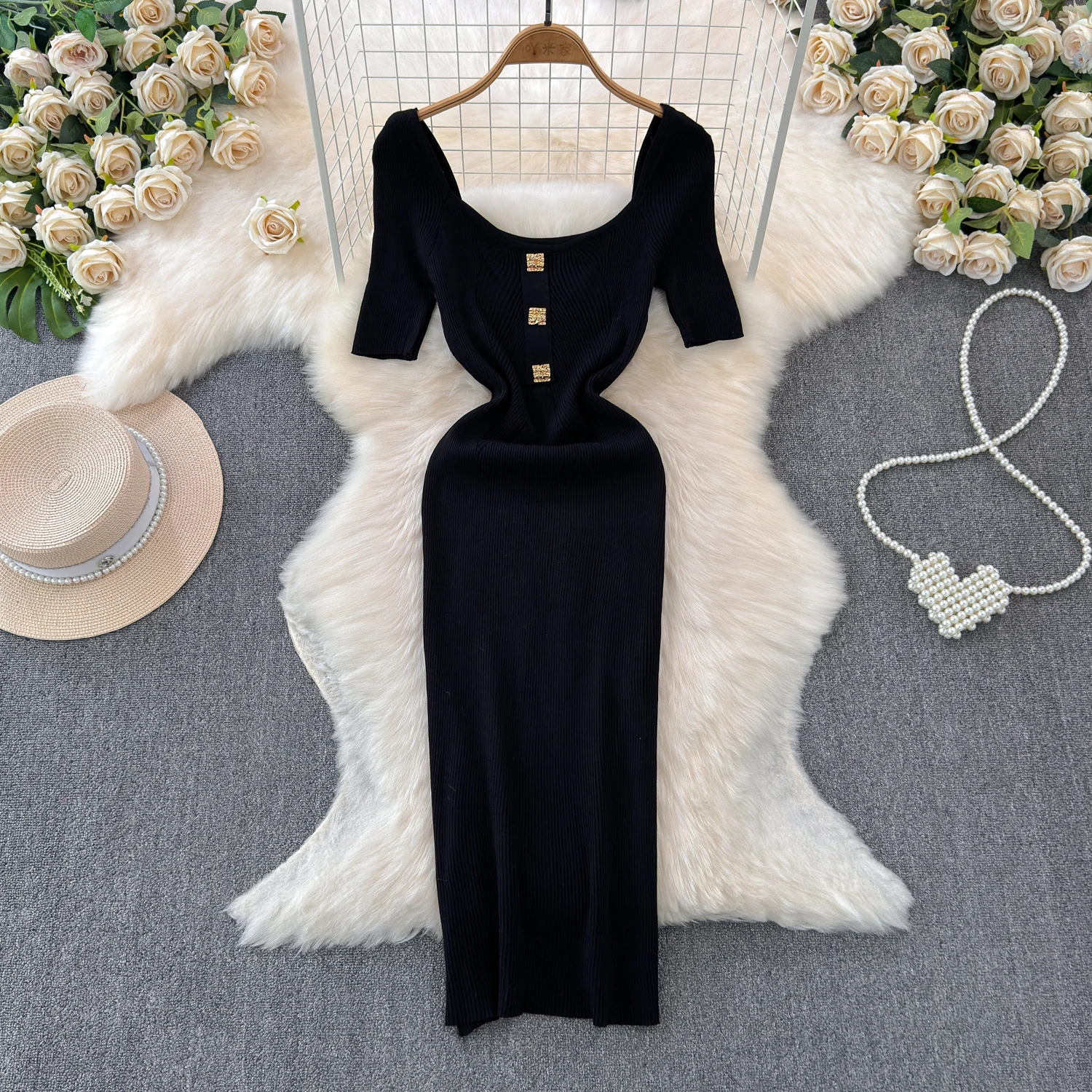 Sexy Chic Square Collar Elastic Knit Bodycone  Dress Solid Tight short sleeve Korean Fashion Party Slim Summer Women dresses