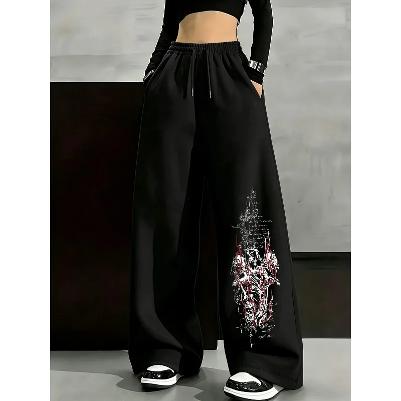 American Y2K Black Wide Leg Sweatpants, Blood Patterned Fallen Angel Print High Waisted Casual Pants