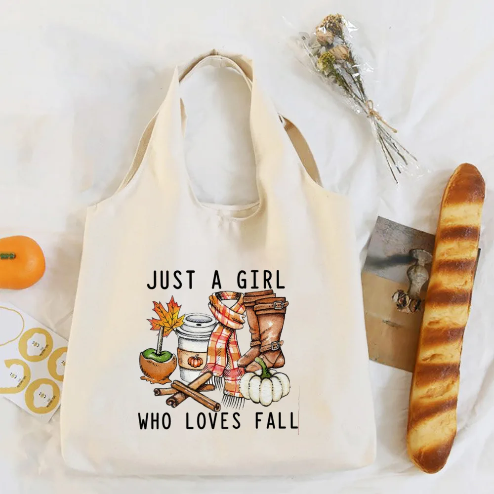 Just A Girl Who Loves Fall Printed Shouder Bag Hello Pumpkin Thanksgiving Halloween Canvas Bags Autumn Festive Tote Gift for Her