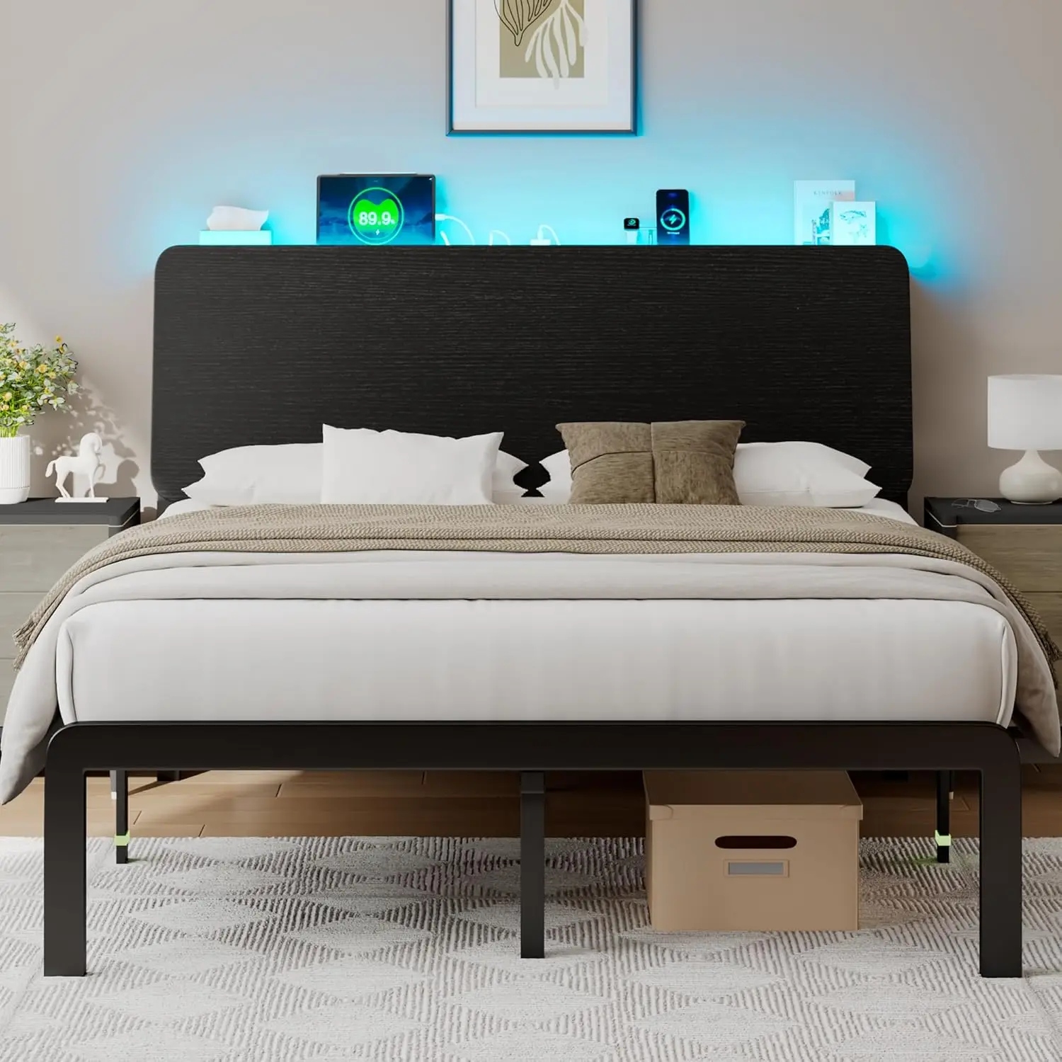 

Bed Frame with Ergonomic Storage Headboard & Charging Station, LED Platform, Heavy Duty Metal Slats, No Box Spring Needed