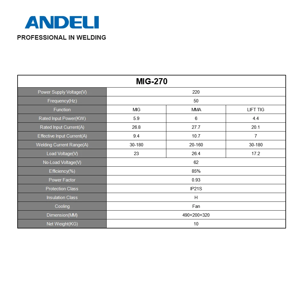 ANDELI MIG-270 MIG Welding Machine 220V MIG/Lift TIG/MMA 3 in 1 Semi-Automatic Inverter MIG Welders Gas Gasless Soldering