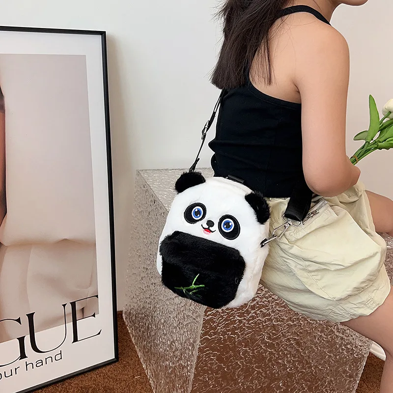 Cartoon Panda Children's Backpack Cute Plush Bear Boys Girls Shoulder Bags Embroidery Messenger Bag Kids Fluffy Purse Handbags