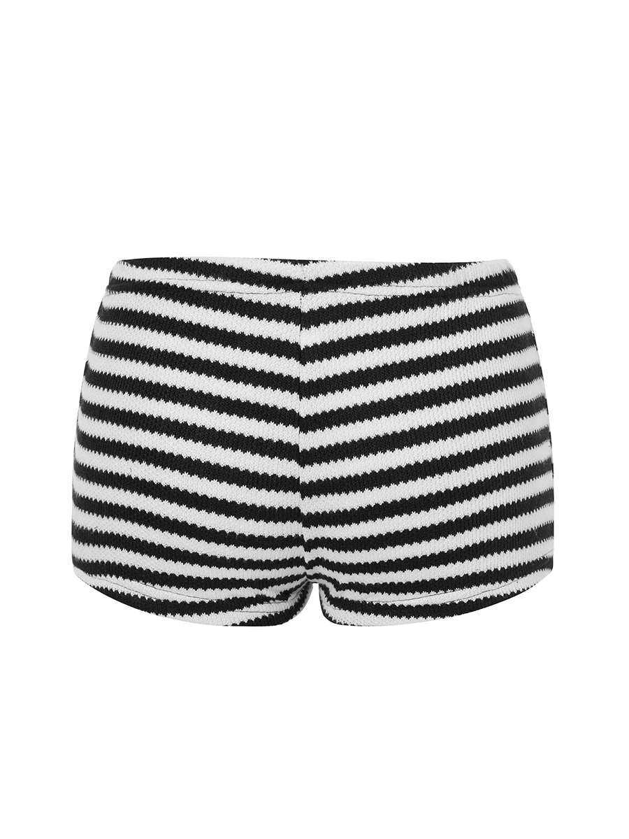 여성용 스트라이프 프린트 니트 반바지 로우 라이즈 핏 스트레이트 레그 짧은 바지 streetwear