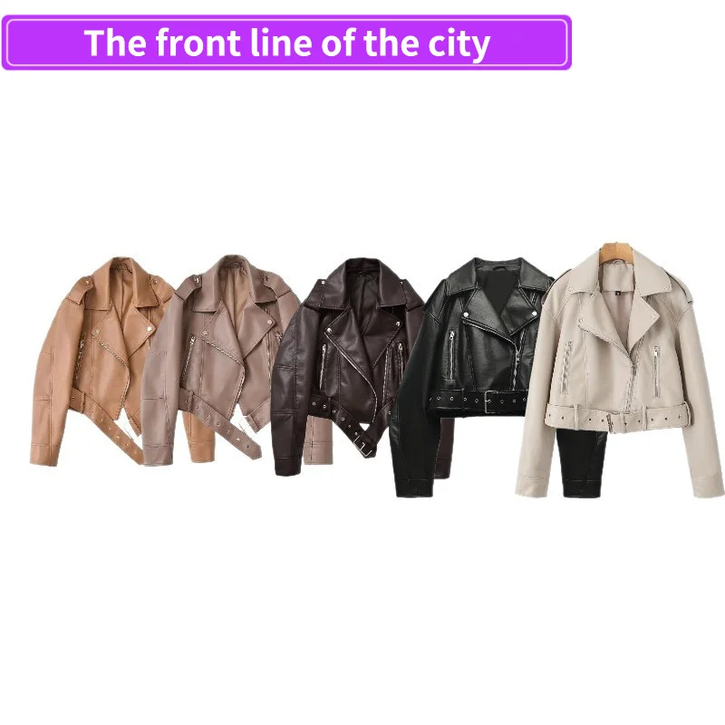 Jaqueta de Couro Solta e Elegante para Mulheres, com Cinto e Gola de Pelo, Fechamento com Zíper, Manga Longa, Ajuste Regular