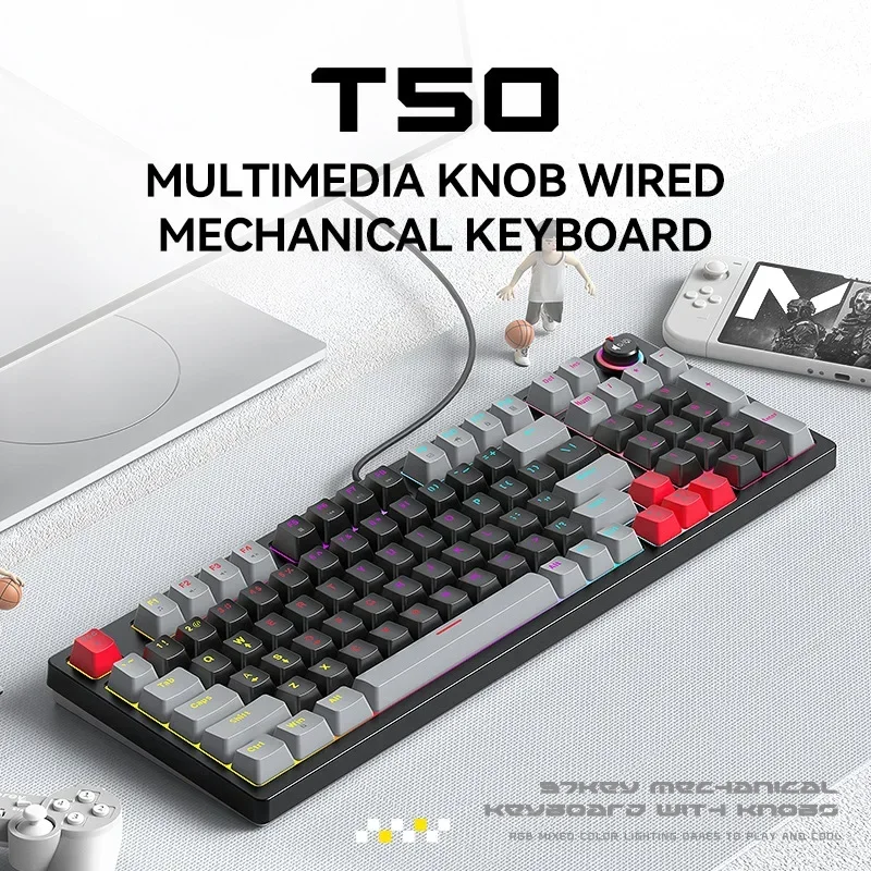 

New T-WOLF T50 Real Mechanical Keyboard Blue Axis Dual Color Three Color Esports with Knob RGB Wired Keyboard Multimedia