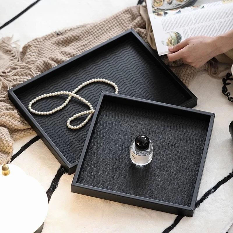 Multifunction Storage Tray Modern Minimalist Home Leather Trays Wooden Ripple Pattern Jewelry Plates Luxury Decorative Tray