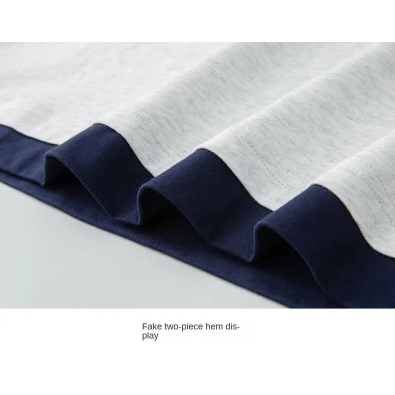 T Shirt for Man Summer New Loose Round Neck Short Sleeve Fake Two Piece Pure Cotton Solid Color Versatile