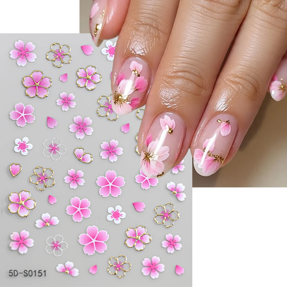 5D Soft Relief Pink Cherry Peach Blossoms Nail Sticker Gilding Gold Silver Flower Edge Nail Art Decal Spring Floral Manicure Dec